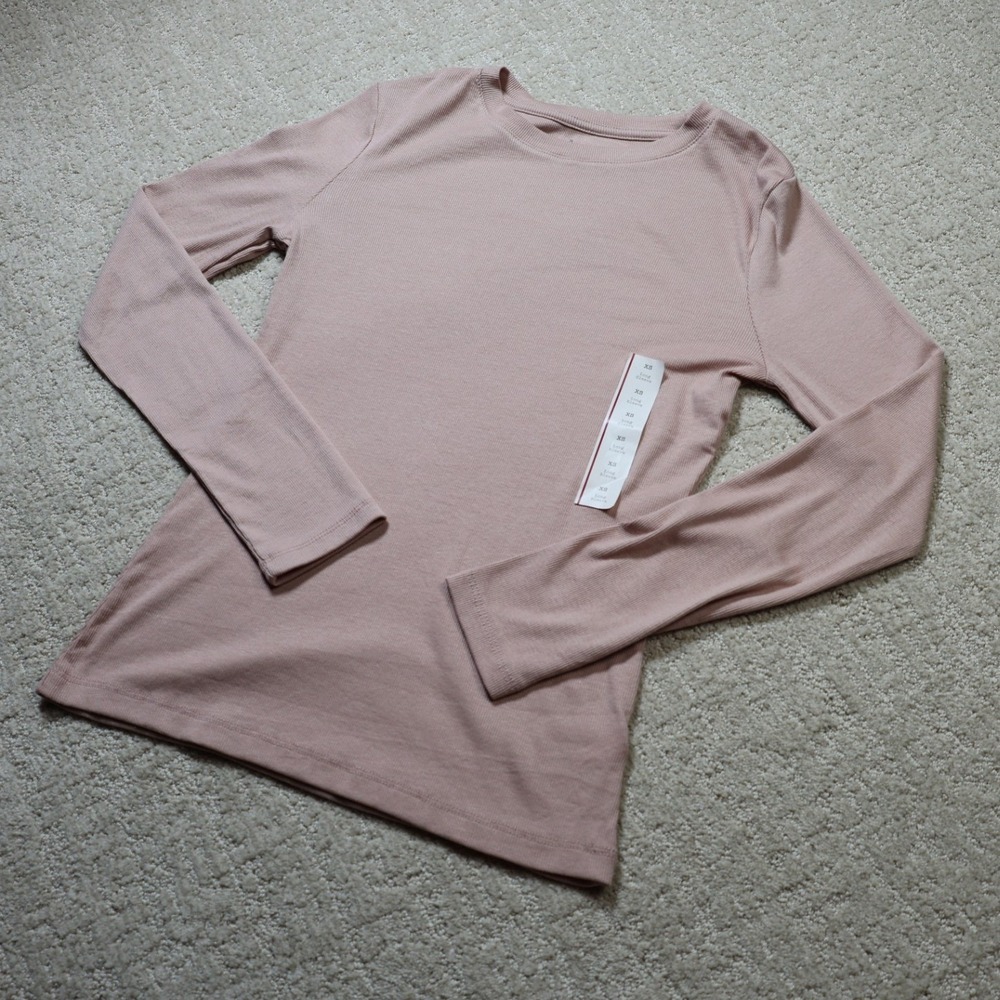 A New Day Womens Ribbed Long Sleeve Crewneck T-Shirt Mauve Pink XS NEW